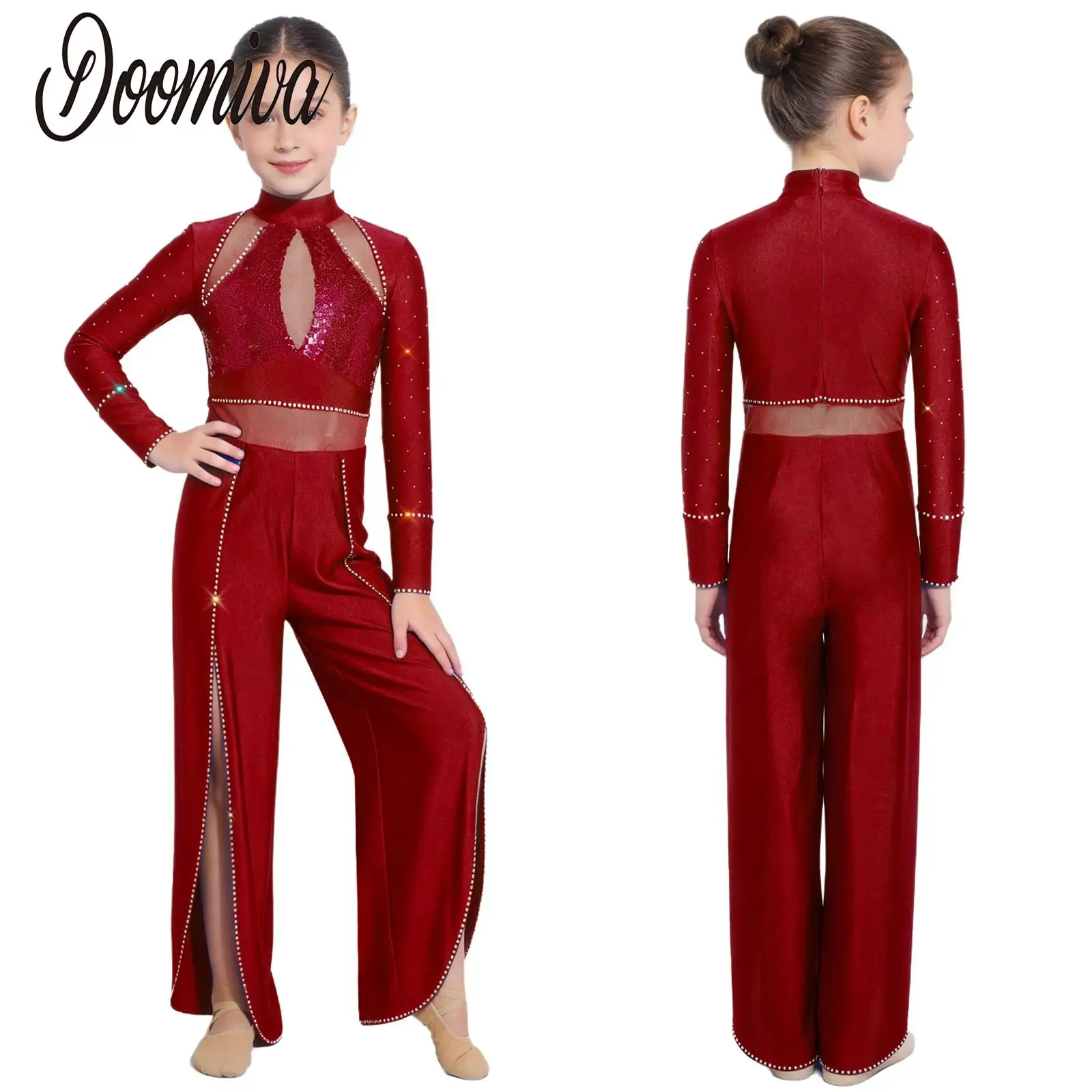 

Kids Girls Figure Skating Lyrical Jazz Ballroom Dance Costumes Rhinestones Jumpsuit Long Sleeve Sequin Split One-piece Dancewear