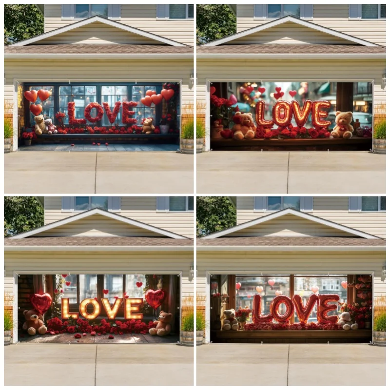 

Valentine's Day Garage Door Banner Backdrop Photography Red Rose Love Balloon Pattern Outdoor Decor Proposal Scene Background