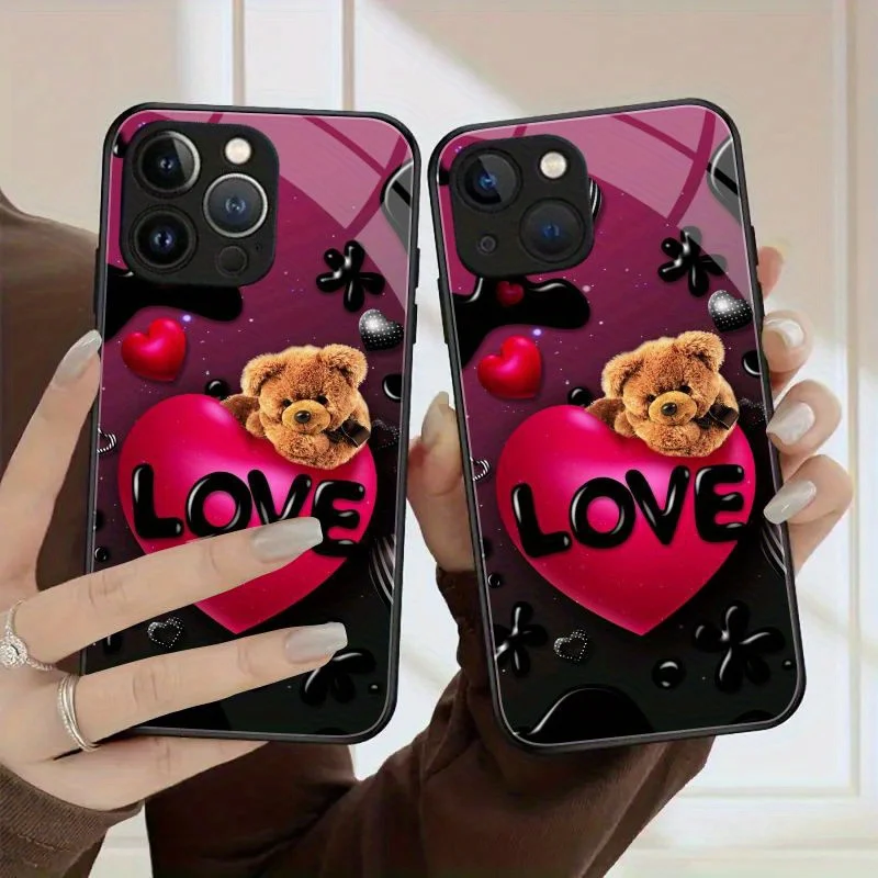 LOVE Bear tempered glass phone case for iPhone 17 Air 16 15 14 13 12 11 Pro Pm Plus lens protection Glass back cover