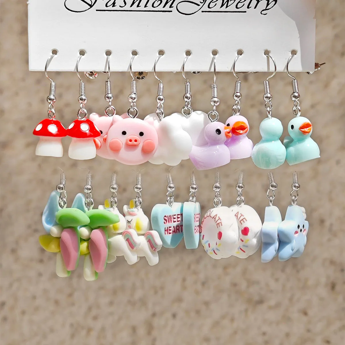 10 Pair Set Small Fresh Colored Resin Animal Pendant Earrings Art Sweet and Cute Flower Butterfly Milk Tea Earrings Female