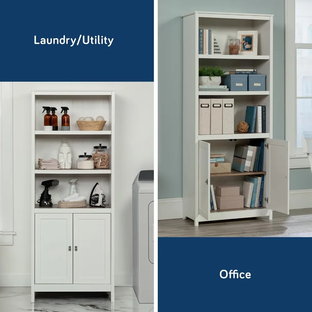 White Library Bookcase with Storage, Doors, and Adjustable Shelves