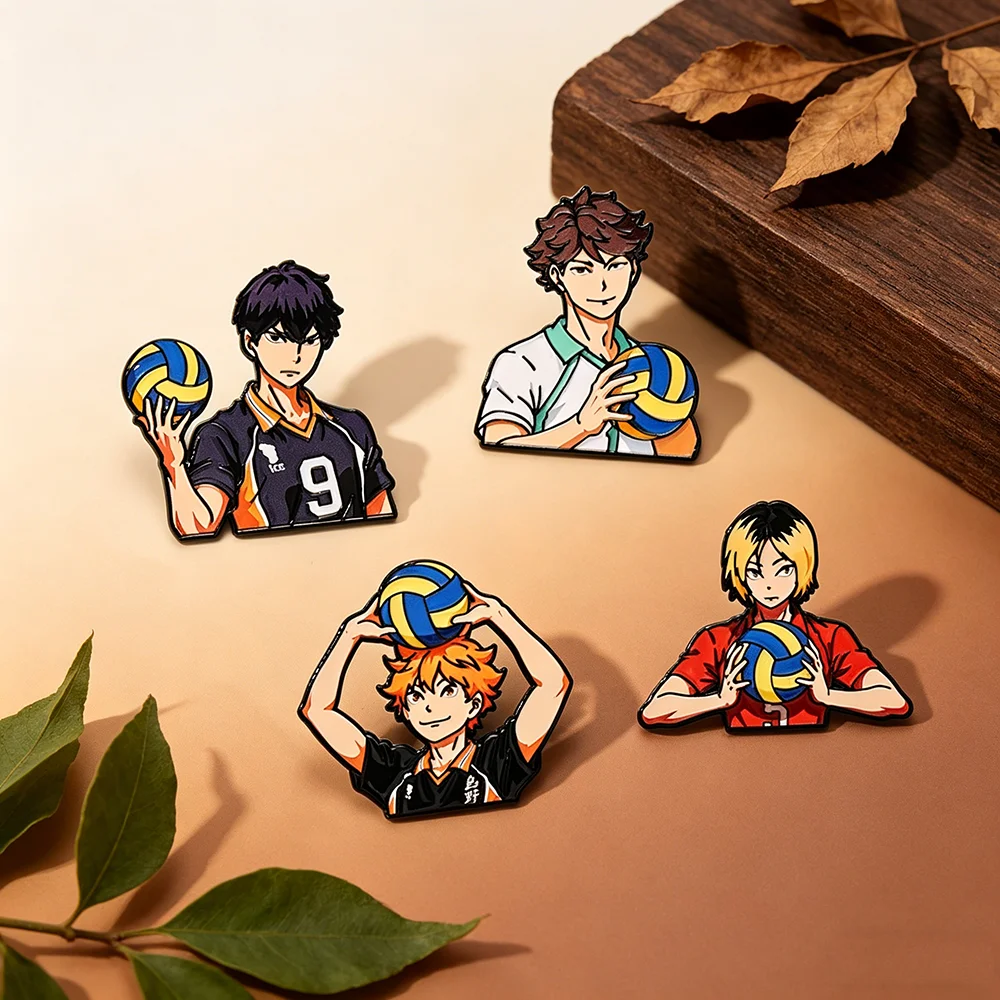 4pcs Anime Volleyball Boys Enamel Pins Set Chibi Tobio Kageyama Shoyo Hinata Sports Brooches for Backpacks Fans Gifts
