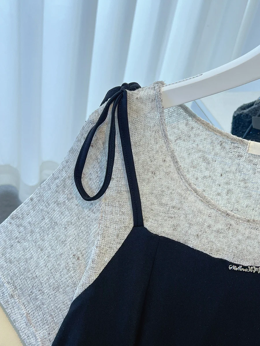 140Kg Plus Size Damski biust 142 Letnia luźna sukienka z krótkim rękawem Patchwork Fake Dwuczęściowa sukienka Temperament Czarny 5XL 6XL 7XL 8XL