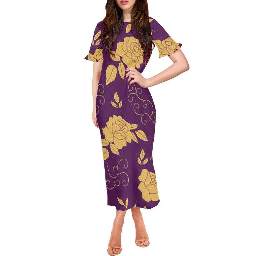 

Elegant Women's Dress 2022 Plus Size Women Gold Floral Printed Maxi Dress Hawaii Polynesian Tribal Purple Short Sleeve Clothing