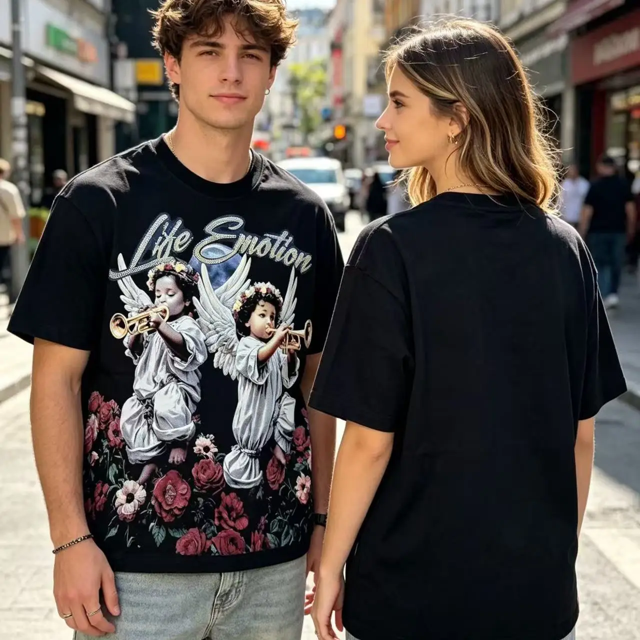 Mixed Emotion American Trendy Brand Angel Print High Street Rhinestone Loose Fit Pure Cotton Short Sleeve T-Shirt Citywalk Ca...