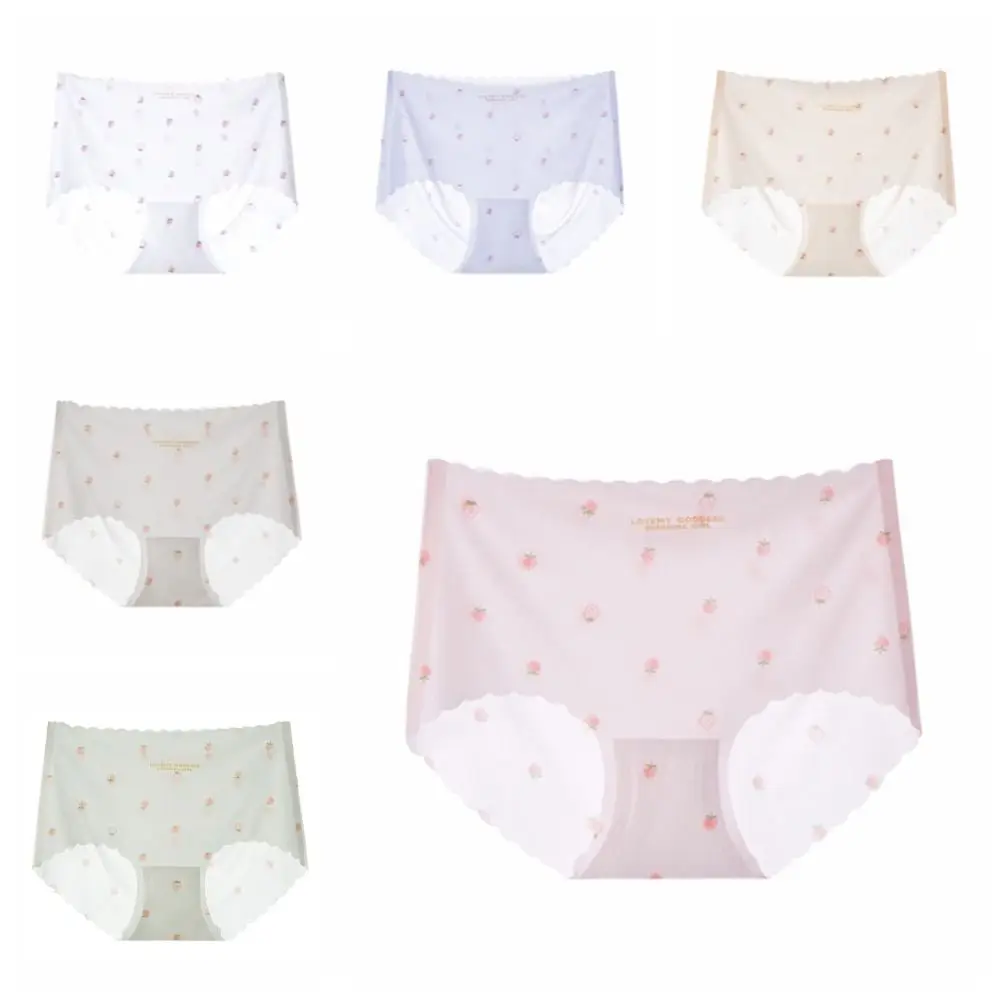 6 قطعة الملابس الداخلية الناعمة الحرير الجليد سراويل القطن المنشعب منتصف الخصر سلس ملخصات النساء رقيقة السروال الحلو الفراولة ملخصات هدية #6