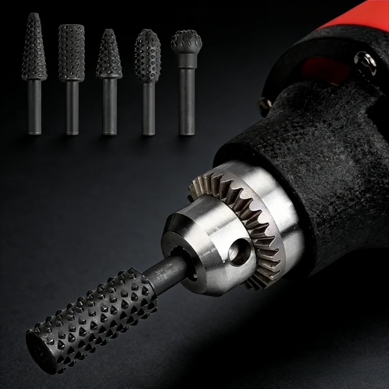 5/10Pcs Durable 6mm Shank Rotary Burr Set Steel Black Grey Wood Rasp File Grinding Head Drill Bits for Woodworking Root Carving