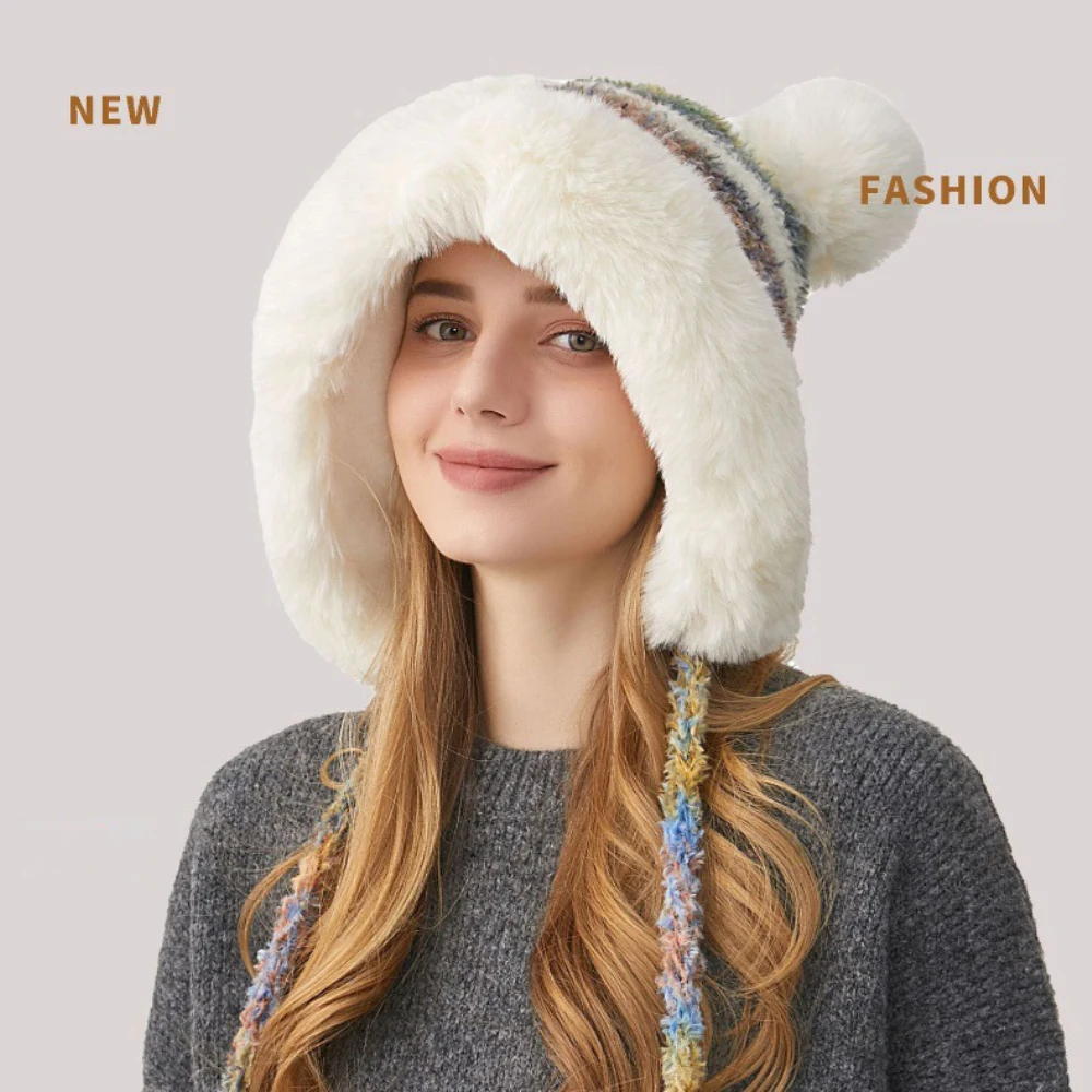 

HT4528 New Soft Fleece Winter Hat for Women Cute Pompoms Snow Ski Earflap Cap Ladies Knitted Russian Hat Female Skullies Beanies