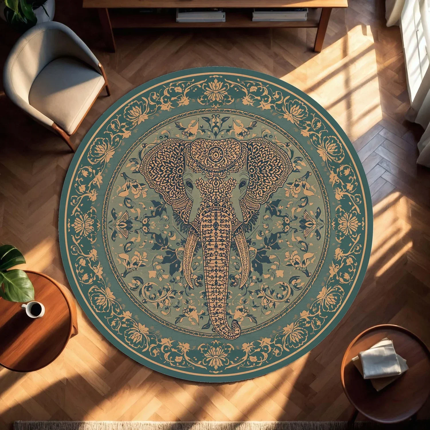 Elephant Round Rug, Bohemian Mandala Pattern Rug, Blue-Green Gold Floral Rug, Zen Yoga Meditation Decor, Bohemian Round Floor Ma