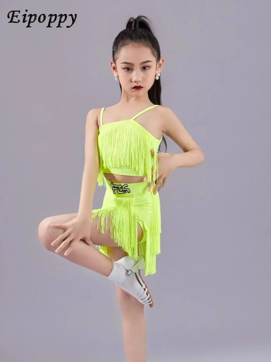 

Latin Dance Girls' Three-Color Exercise Clothing High-End Performance Split Tassel Suspender Suit