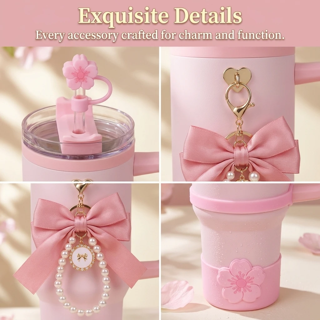 6pcs Tumbler Accessories Set for 40oz Cup, Perfect Gift, Cute Pink Bow Cherry Blossom Decor for Cup Decor for Women Gift