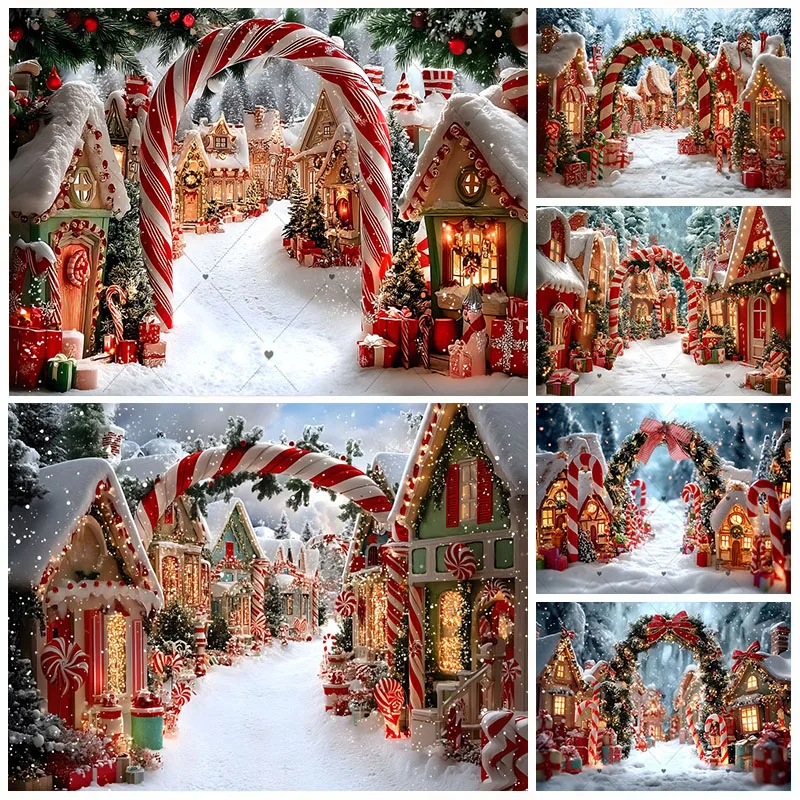 Winter Kerst Fotografie Achtergrond Kerst Stad Snoep Huis Krans Boog Decoratie Jongens Meisjes Portret Achtergrond Fotostudio