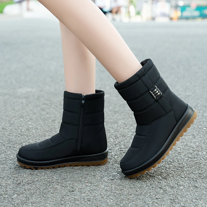الأحذية النسائية أحذية الشتاء للنساء حذاء من الجلد الدافئة الفراء بوتاس موهير مقاوم للماء كعوب منخفضة أحذية الثلوج الشتاء حذاء مسطح #5
