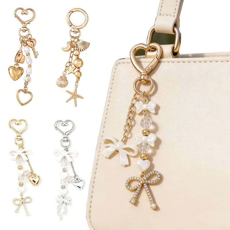 Cute Bowknot Love Heart Bag Charm Crystal Pearl Key Ring Pendants for Women Girls Handbag Accessories Decor DIY Handmade Gifts