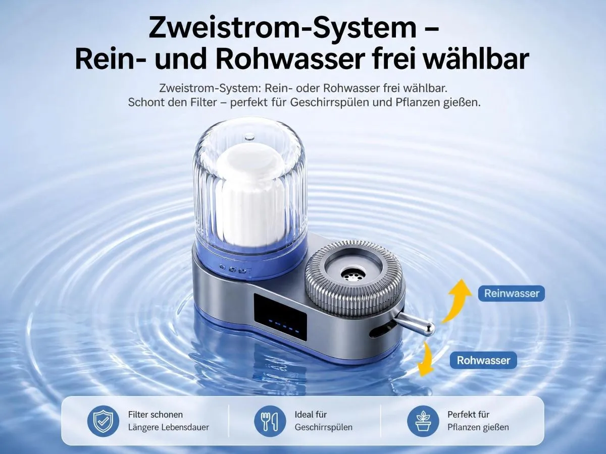 Raorio Wasserhahn-Filter, Leitungswasser-Reiniger, Kalk- und Chlorreduktion, Doppelauslass, Waschbarer Filter, Küche & Bad – Detail 5