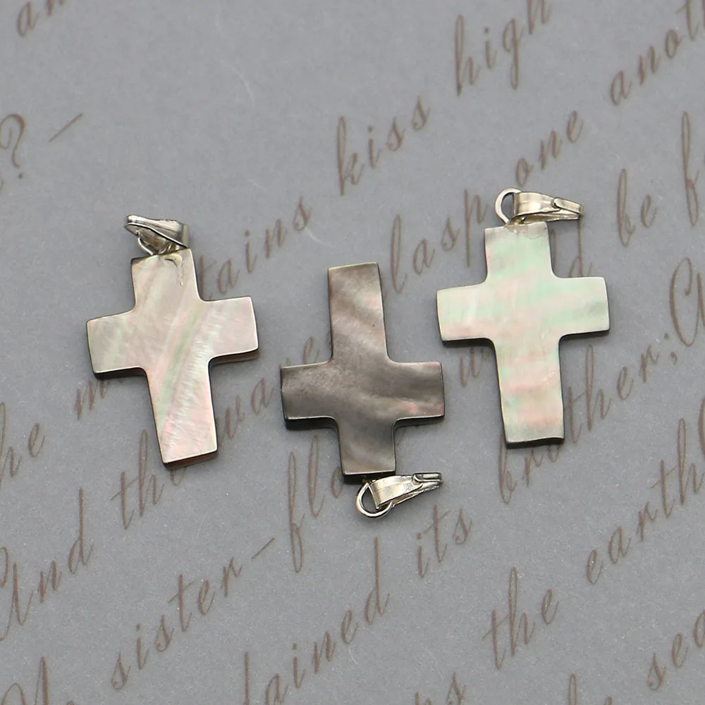 Cross-Shaped Natural Mother-of-Pearl Pendant Single-Sided Iridescent Black Shell Single-Hole Handmade Necklace Jewelry Material