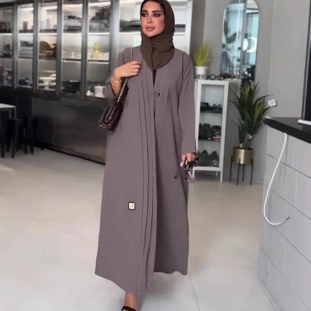Eid Abaya Musulmano per Le Donne Arabo Abito Lungo Jalabiya Abiti con Bottone Singolo Ramadan Marocco Dubai Abaya Caftano Pieghe Abiti