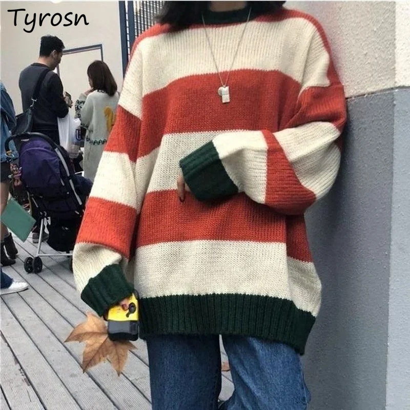 

Women Striped Sweaters Patchwork Simple Vintage Preppy Style Schoolgirls Harajuku Clothing Pullovers Warm Knitted Casual Classic