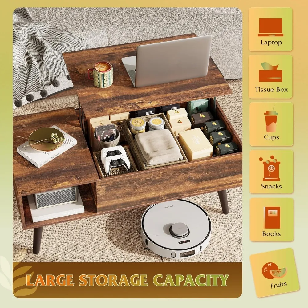 Lift Top Storage Coffee Table for Living Room, Small Wooden Dining Center Table with Storage, Space-Saving Furniture for Home