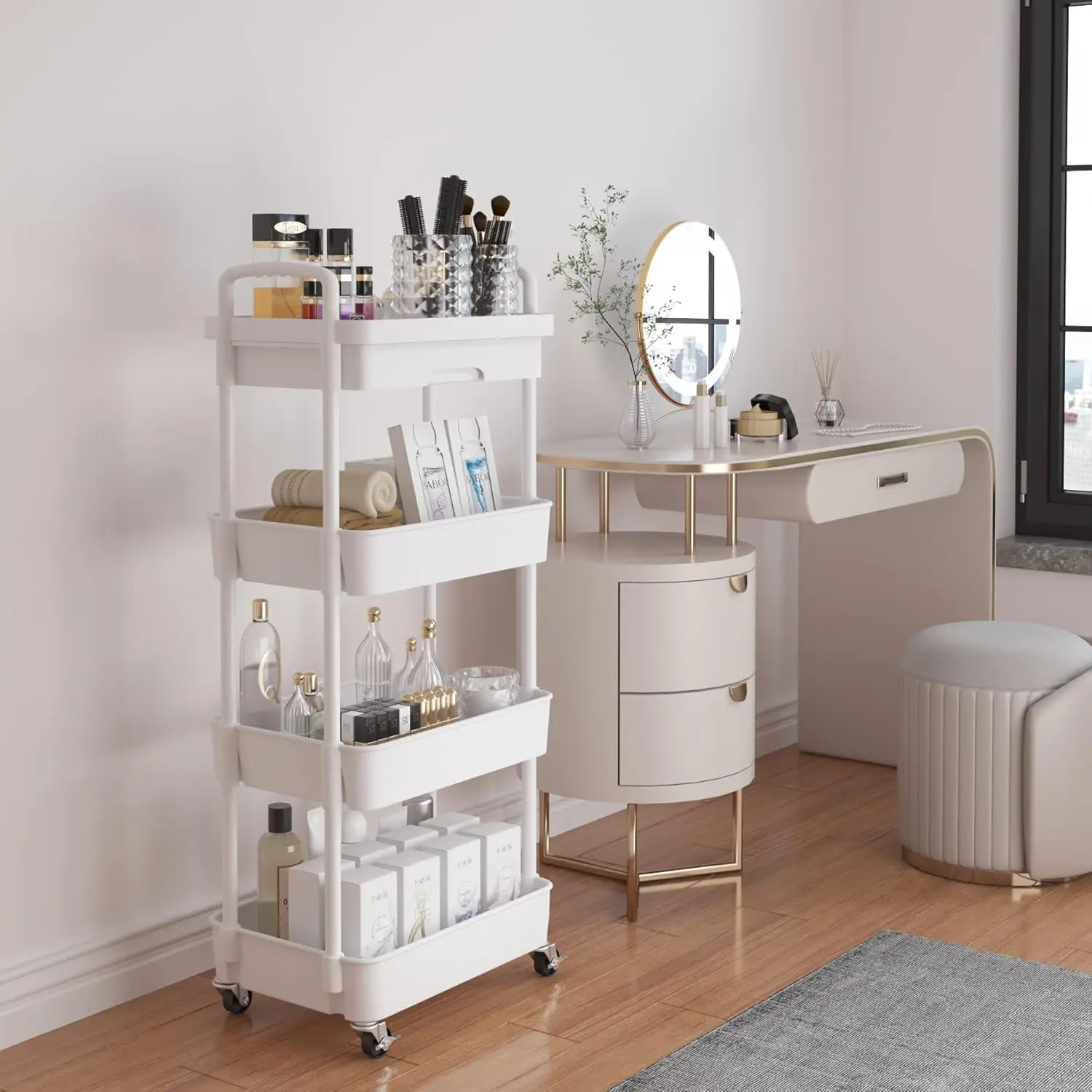 3/4Tier Plastic Rolling Utility Cart Storage Cart Organizer with Wheels Small Laundry Room Cart for Dorm Organization Bathroom K image 6