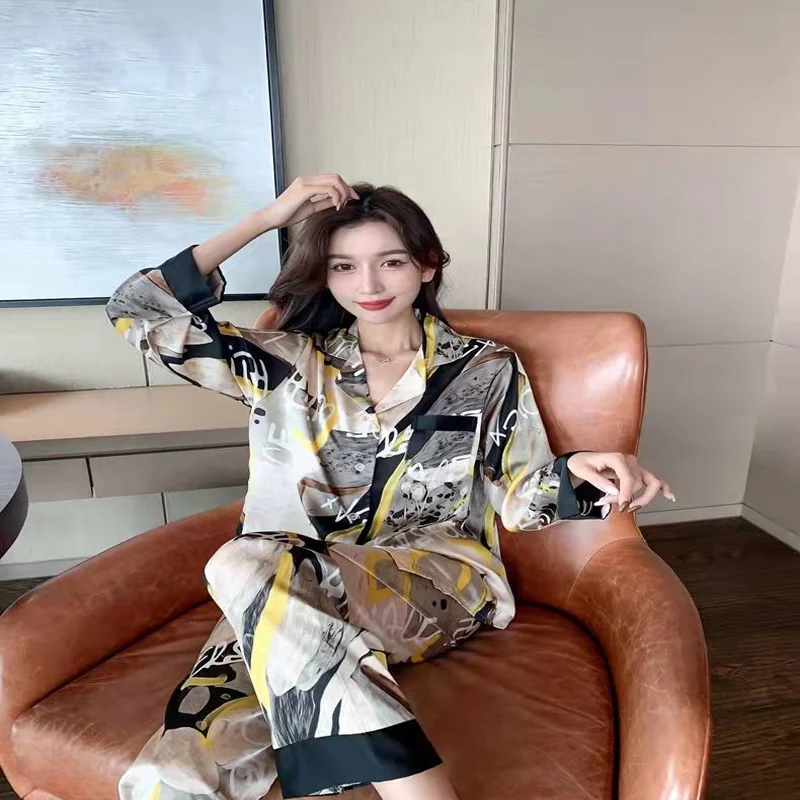 Spring and Autumn Pajamas Homewear Suit Female New Simulation Silk Ladies Ice Silk Pajamas Long-Sleeved Temperament Homewear