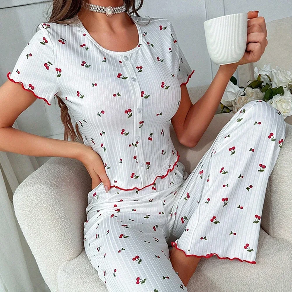 بيجامة نسائية مطبوعة بأكمام قصيرة، طقم ملابس منزلية فضفاضة، طقم ملابس كاجوال وسروال قصير، ملابس للاستلقاء #3
