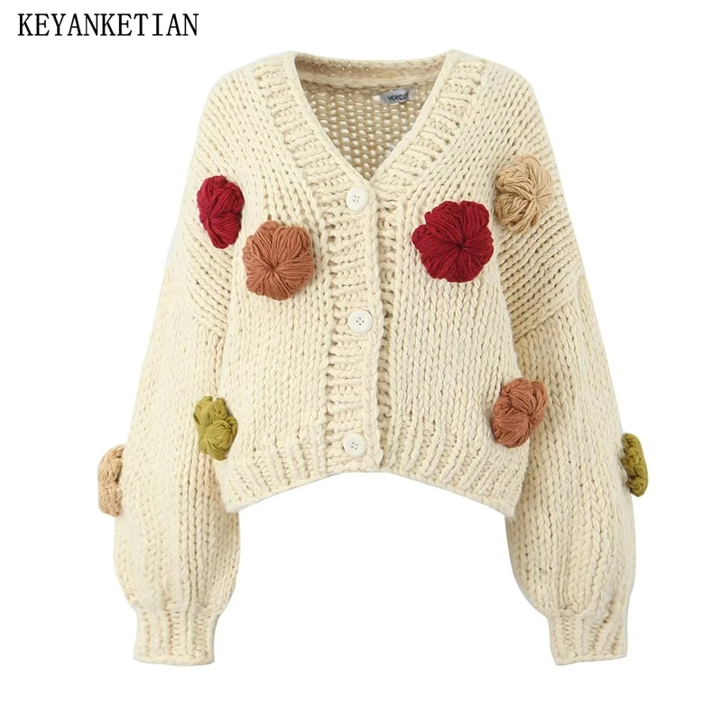 

KEYANKETIAN New Women Flower Decoration Coarse Yarn Handmade Sweater Holiday wind Single Breasted Lantern Sleeve Knit Cardigans