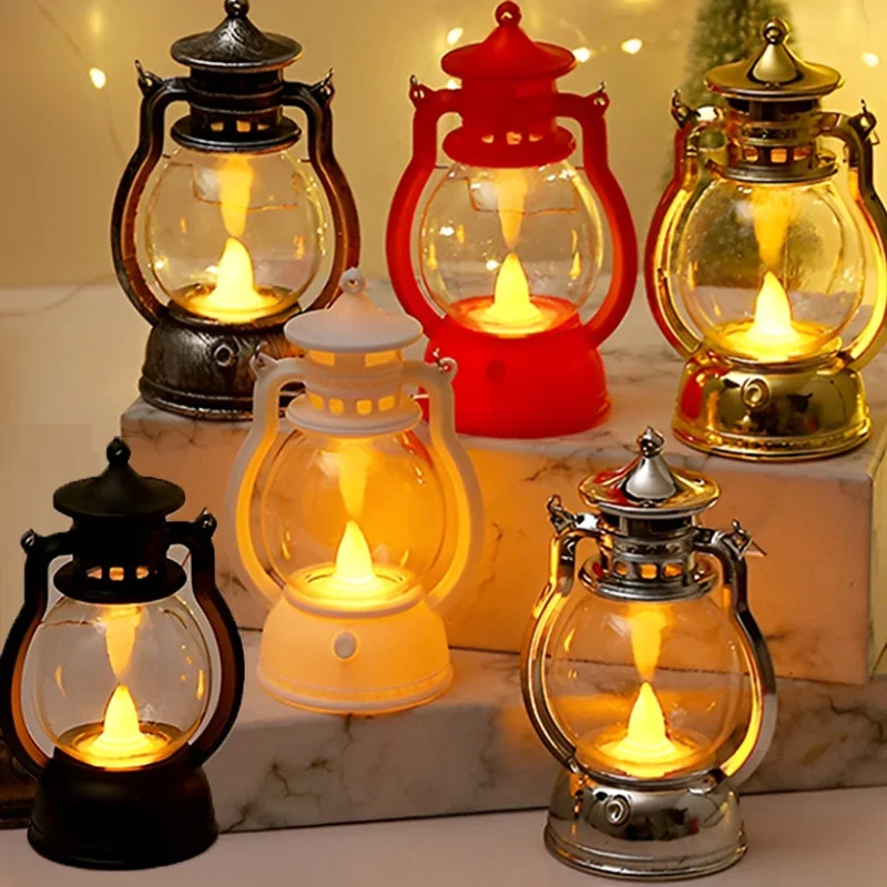 Vintage Oil Night Lamp Christmas LED Night Lights Retro Small Oil Hanging Lanterns Included Battery Portable Festive Party Decor