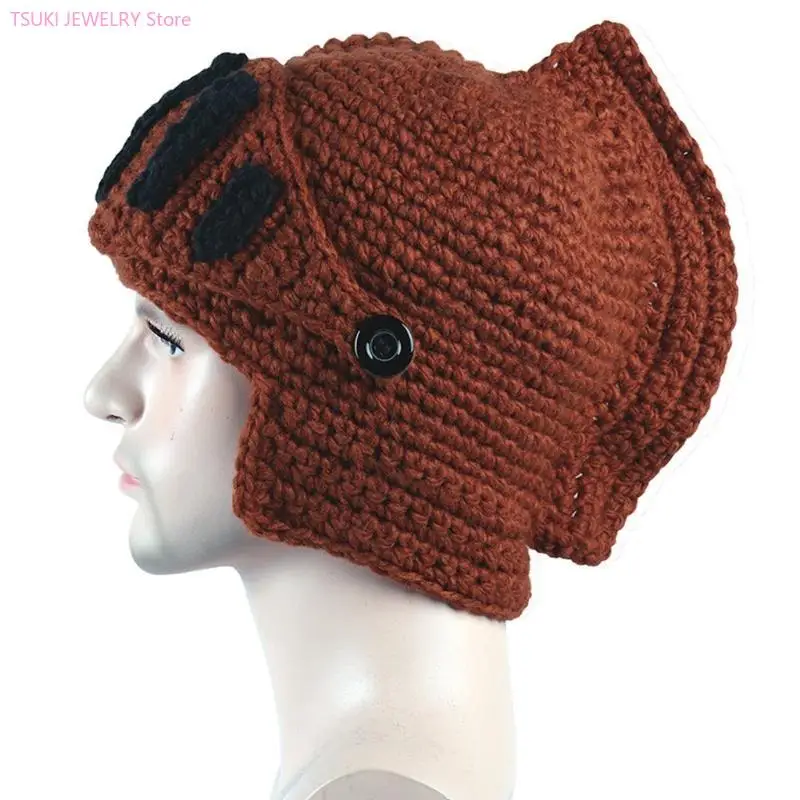 62KE Crochet Knit Roman Knight Helmet Beanie Hat Barbarian Skull Cap with Face Mask