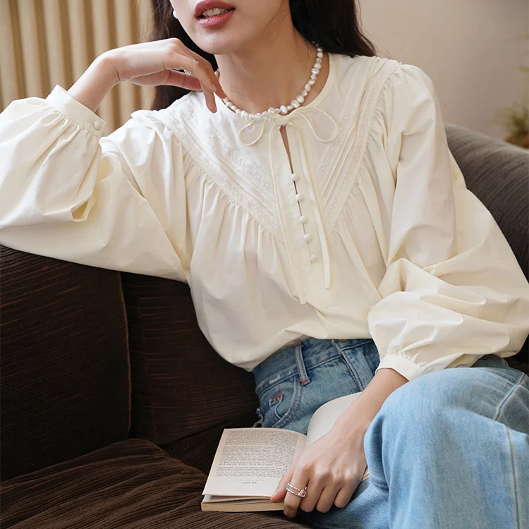 KUSAHIKI French Retro Round Neck Bow Tie Shirt for Women\'s Long Sleeved Spring New Korean Versatile Chic Top Camisas De Mujer