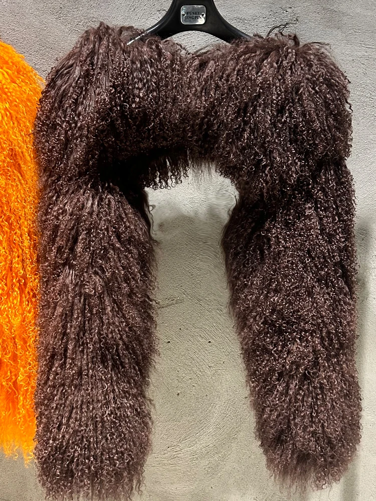 معطف فرو منغولي بني مقصوص من قماش فرو الأغنام الحقيقي 2024 معاطف شتوية قصيرة من فراء المنغوليا