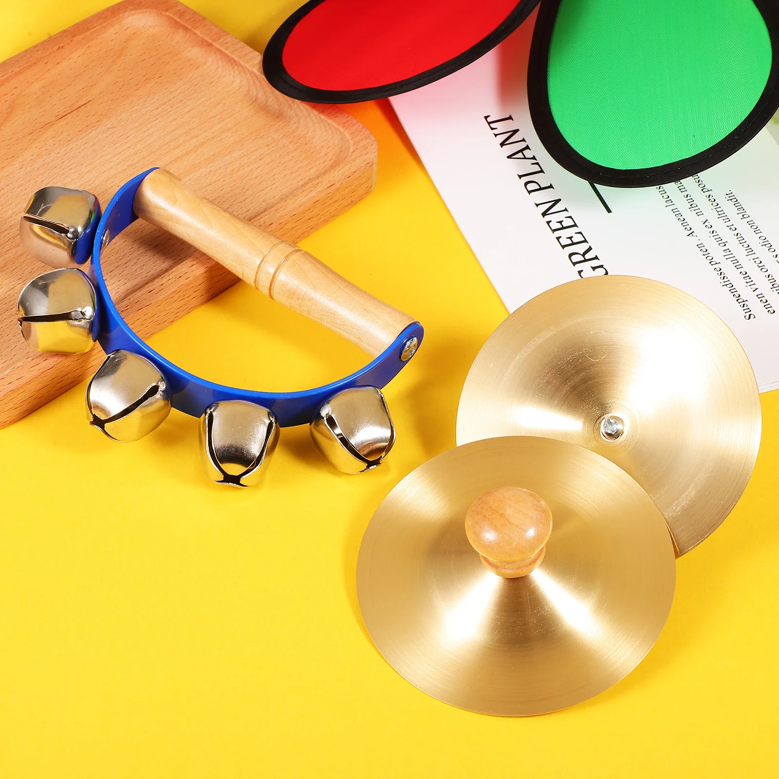 

Wooden Handle Handheld Jingle Bell Hand Bell Finger Cymbal Set Kids Percussion Instrument Educational Musical