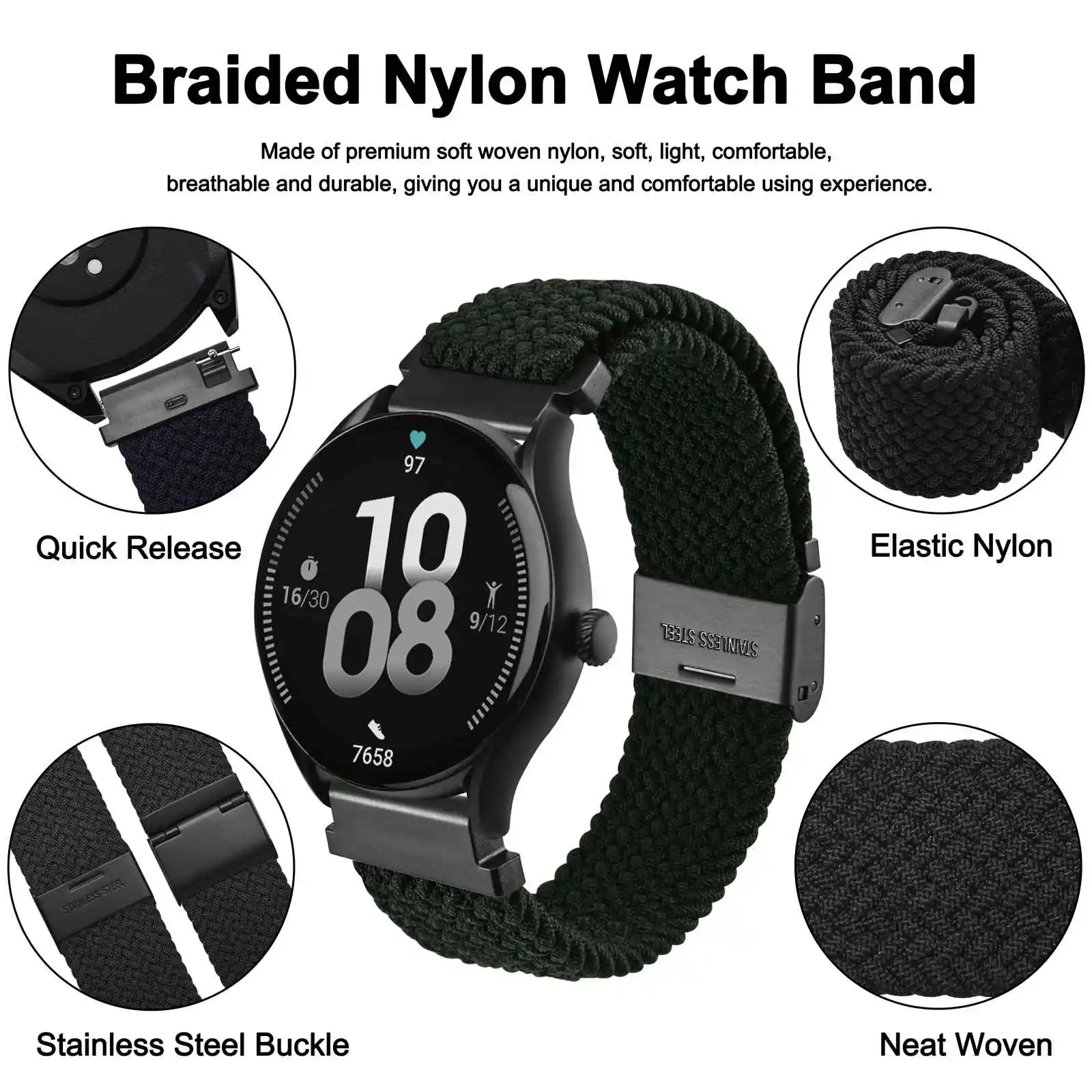 Wocci Elastic Nylon Watch Straps 18mm-22mm Premium Neat Woven Watchbands Quick Release Replacement Stainless Steel Buckle