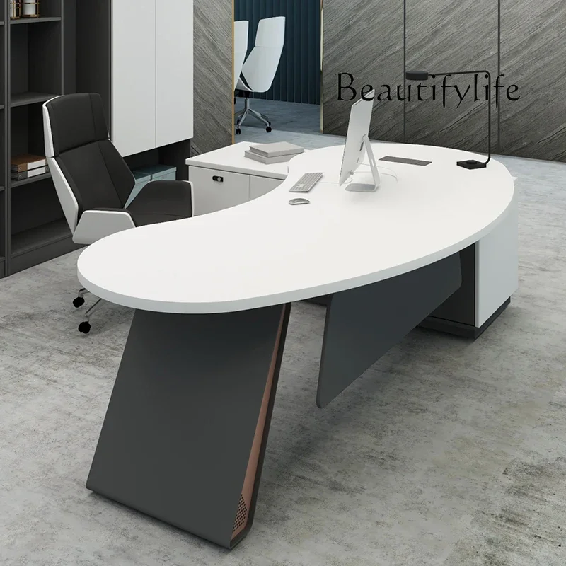 Meja Kantor Bos Sederhana Modern, Furnitur Kantor Presiden, Meja dan Kursi Kombinasi Melengkung