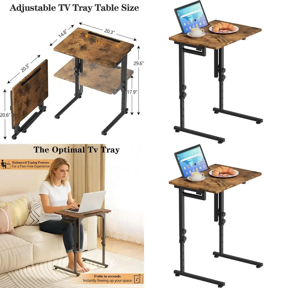 

Портативный регулируемый по высоте столик для телевизора, С-образный складной приставной столик для еды и закусок, не требует сборки (коричневый)