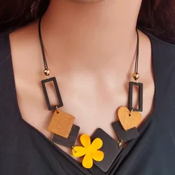 Geometric Wooden Pendant,Flower Sweater Chain Necklace,Vintage Ethnic Style Woman Jewelry