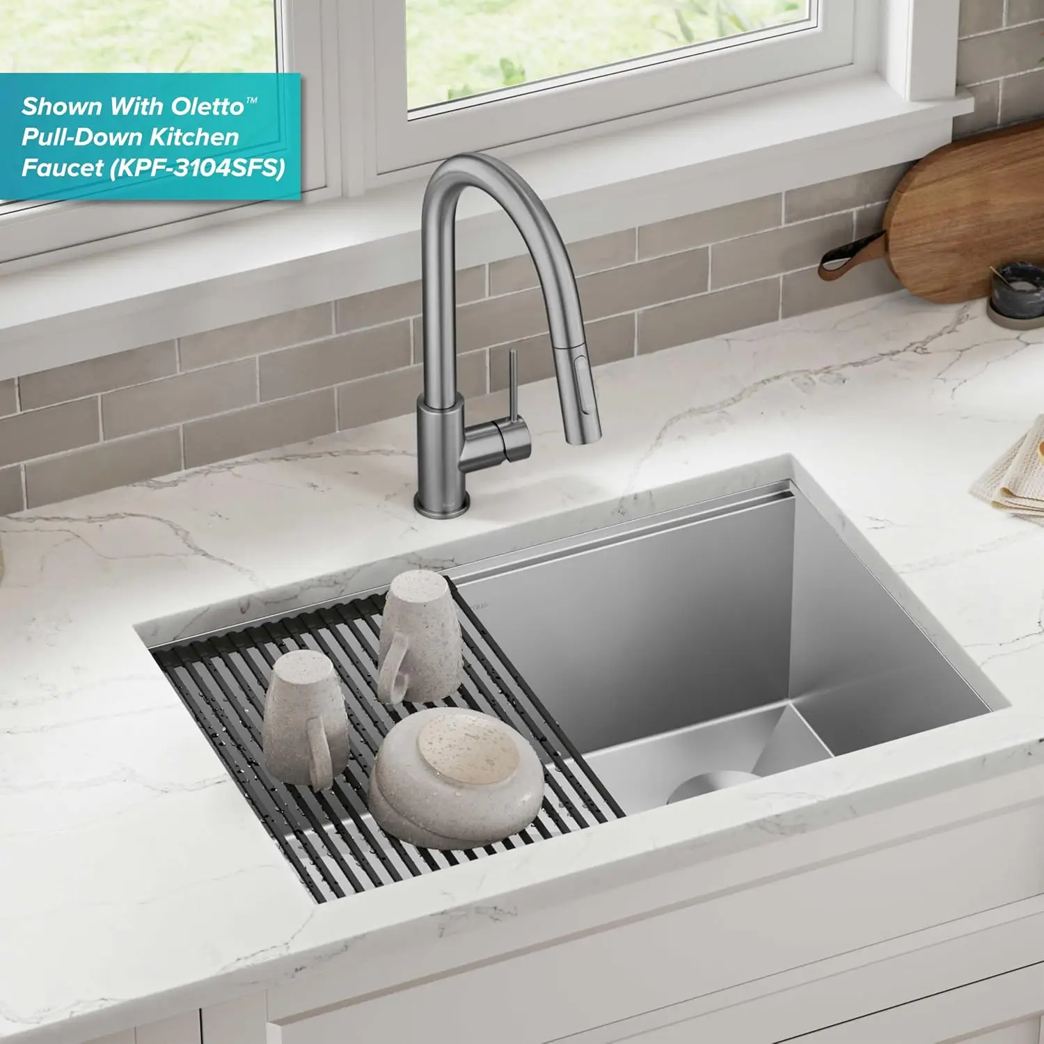 with integrated ledge for sliding accessories allows you to work right over the sink while minimizing clutter on the kitchen