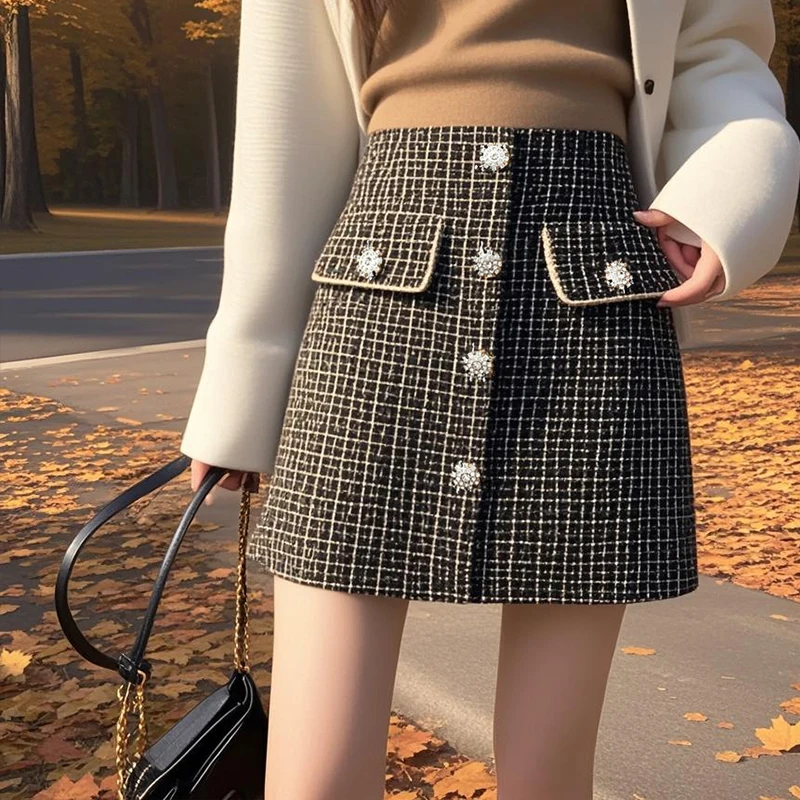 

Осенне-зимняя шерстяная клетчатая юбка, женская модная короткая мини-юбка трапециевидной формы с высокой талией и карманами на пуговицах