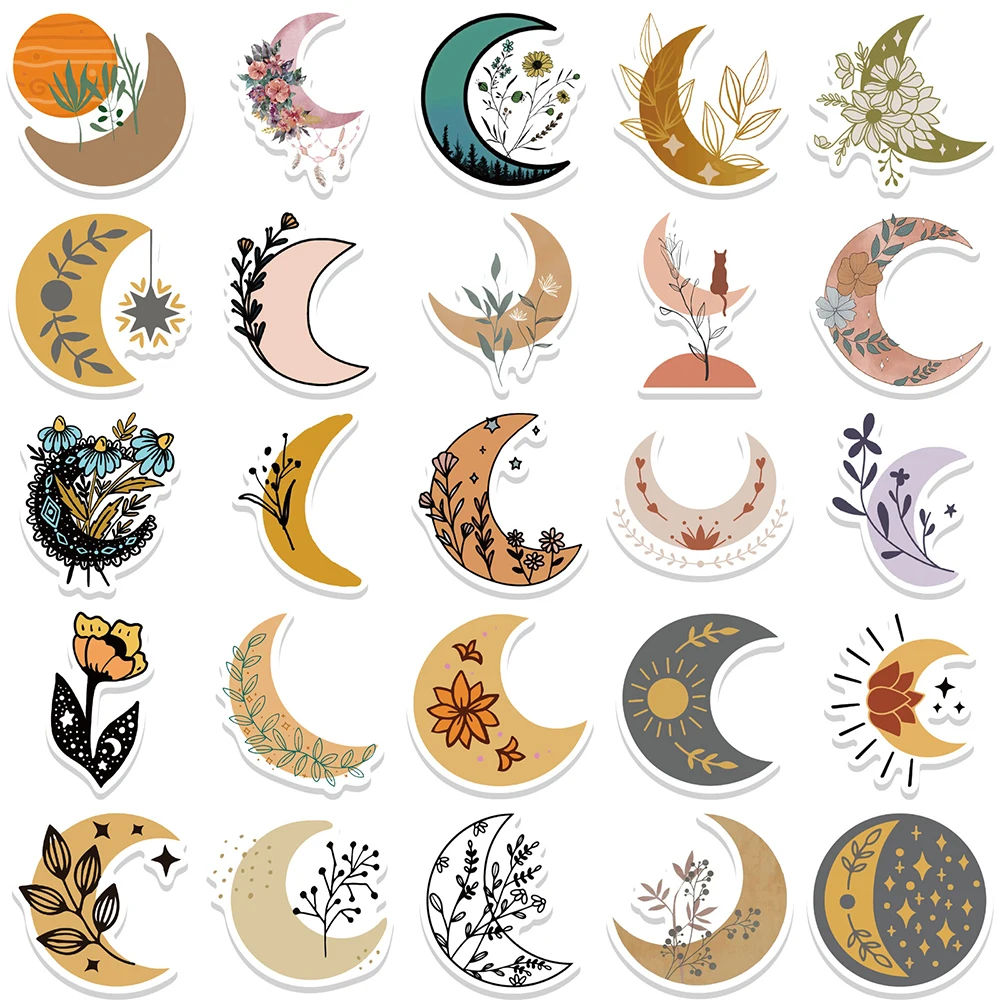 10/30/50PCS Cute Bohemian Moon Flowers Stickers DIY Car Bike Travel Luggage Phone Laptop Waterproof Cool Cartoon Sticker Decals