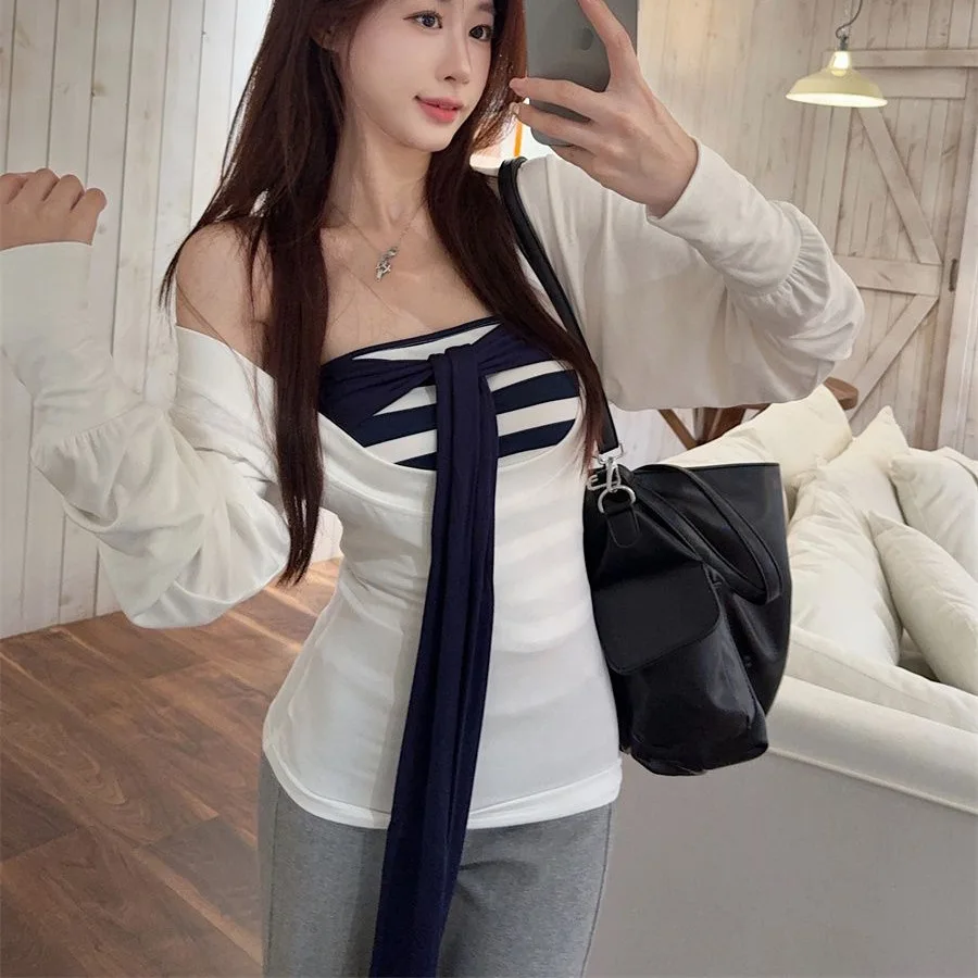 2025 White U-neck Long-sleeved T-shirt Women's Autumn Slim-fitting Waist Design Top Stacked with Striped Tube Top Two-piece Set