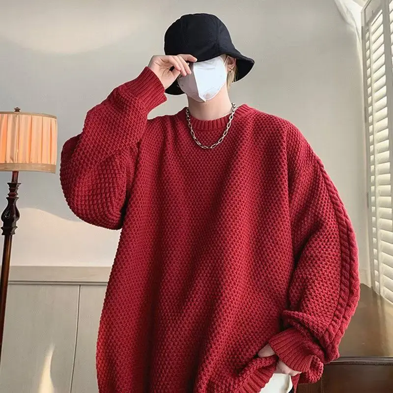 

Oversize Lazy Sle Men's Knitted Sweater Wine Red American Retro Thiened Winter Faion Casual round Ne ort Sve