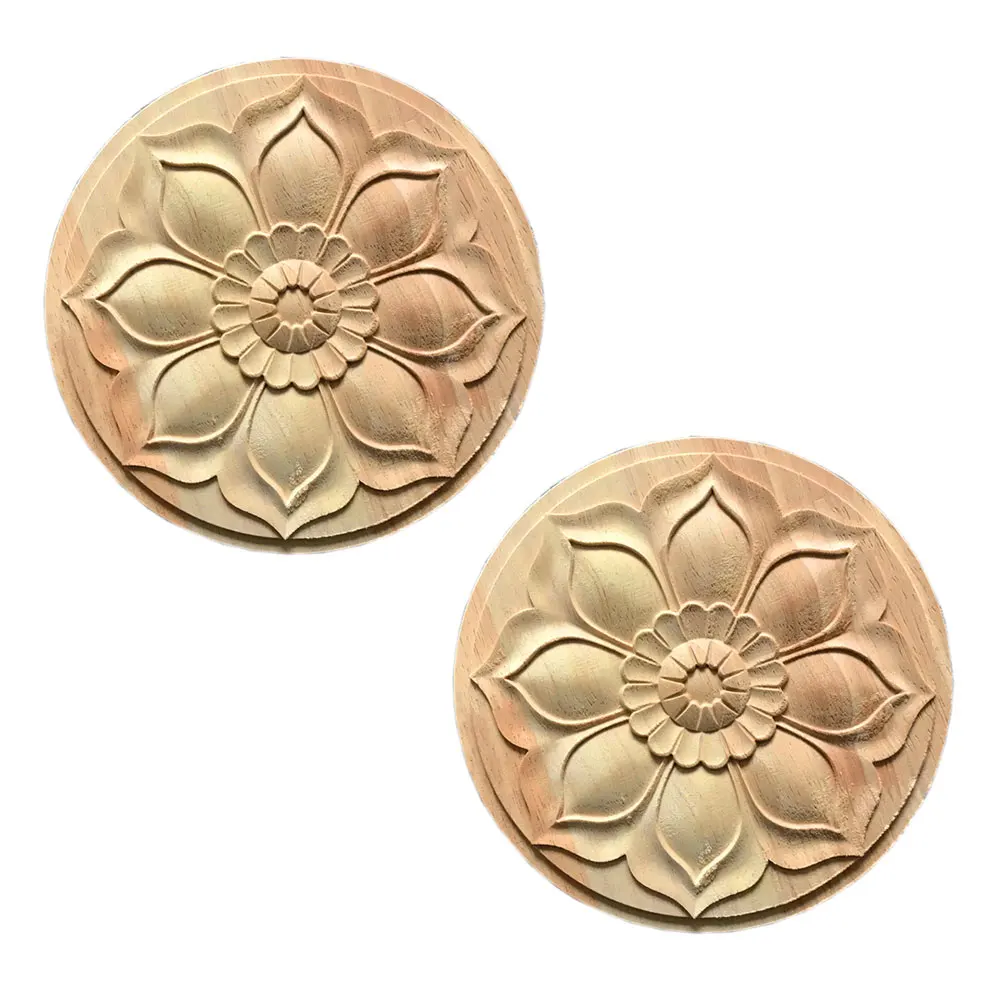 2pcs Unpainted Round Wood Carving Onlay Appliques Furniture Decor Wood Carved Crafts Applique Wood Decal Mouldings Home Ornament