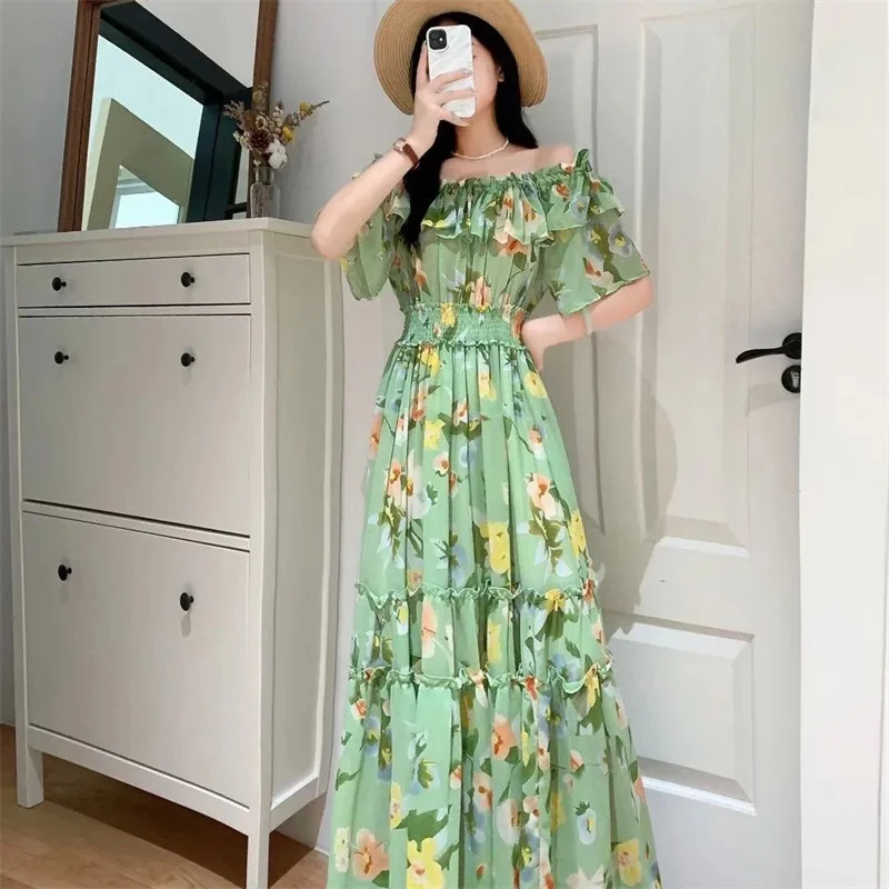 2025 sexy vierkante kraag korte pofmouwen chiffon bloemenprint boho feestjurk zomer vrouwen strandkleding zand vestidos