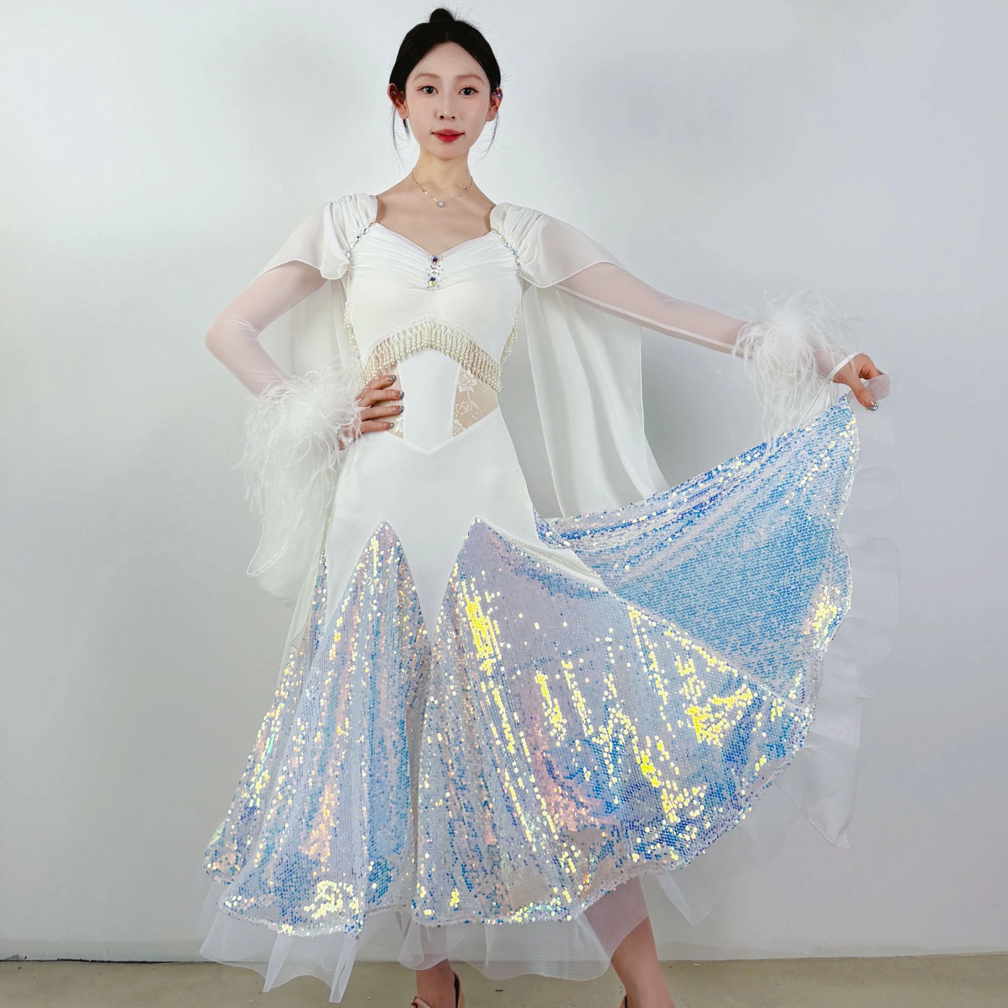 Ballroom Dance Competition Dress Women Feather Whie Long Dress Sequin Skirt Waltz Dance Costume Stage Performance Dress BL19867