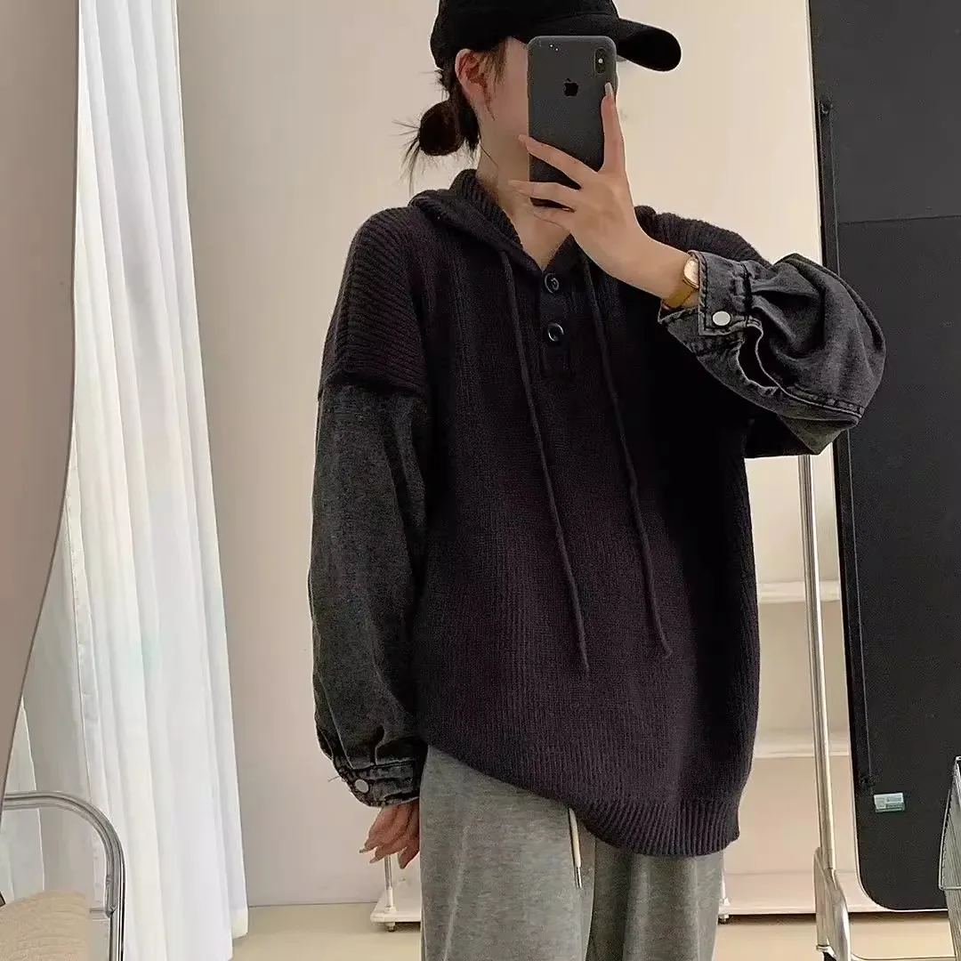 

Loose Fit Autumn Winter Large Size Knitted Hat Sweatirt Denim Patchwork 300 Pou Lazy Sle Top for Men And Women