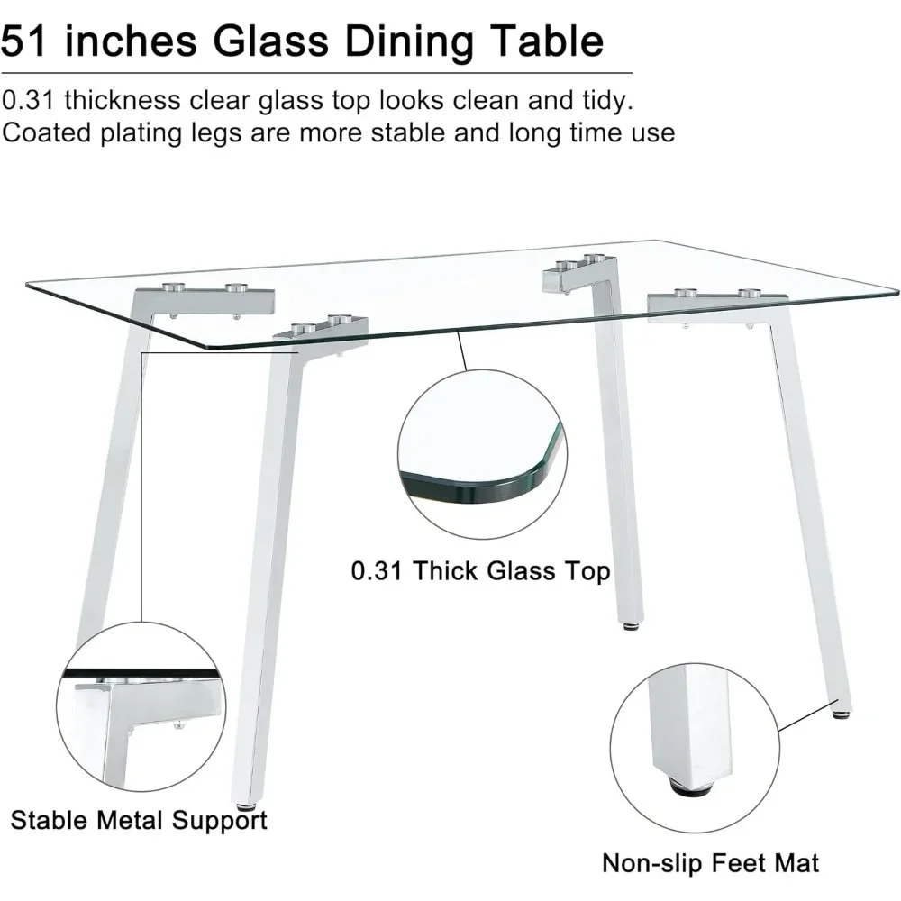 51 inch 4-zits glazen rechthoekige eettafel met zilveren metalen poten en 4 witte leren stoelen