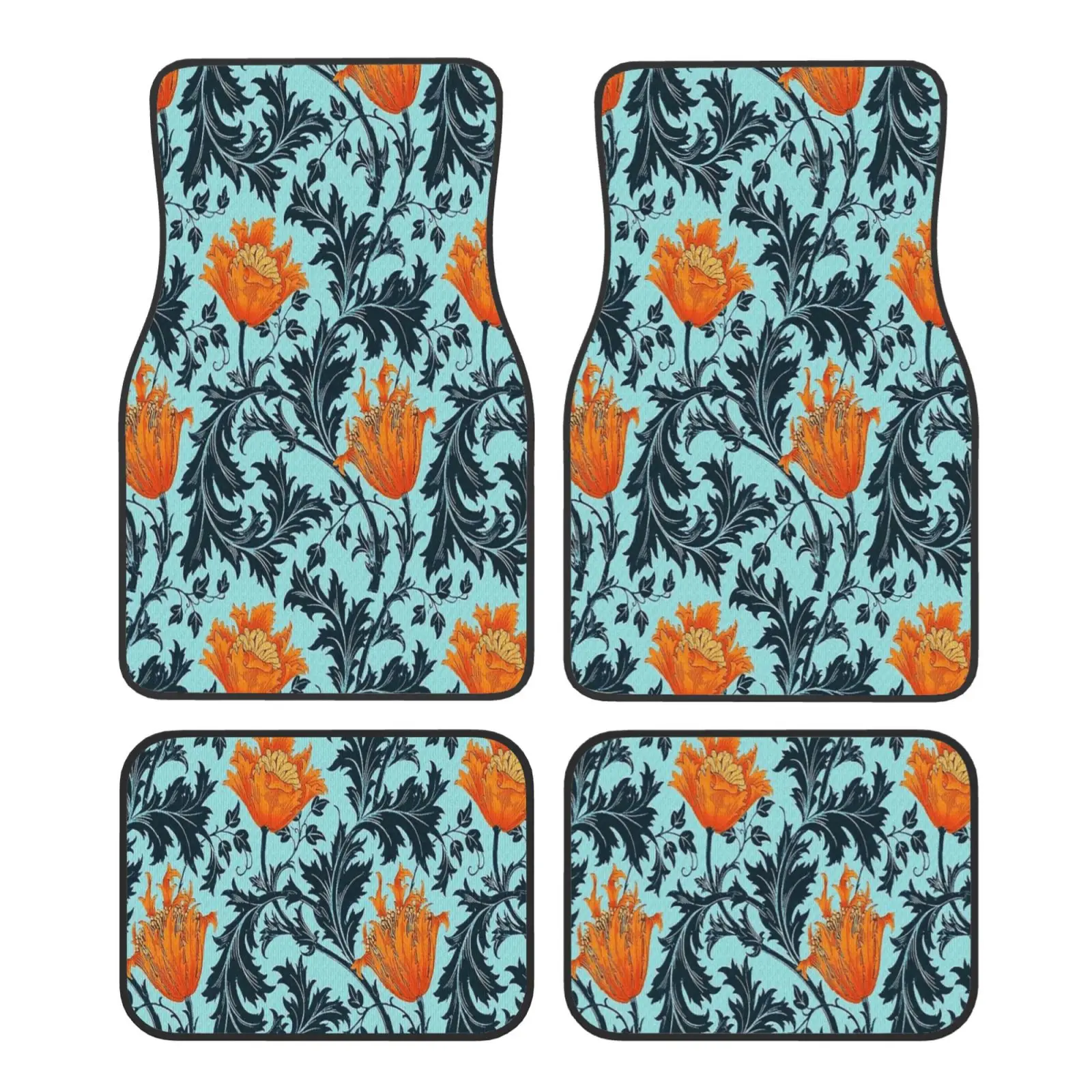 Bohemian Vintage Floral Print 4pcs Car Floor Mats Set of 4pcs Non-Slip Absorbent Polyester Foot Mats Auto Interior Accessories