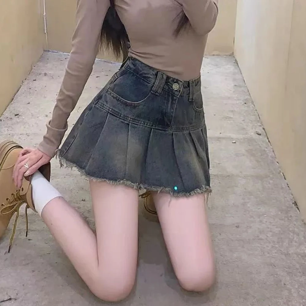 Gonne di jeans da donna Coreano 2025 Estate Nappa Casual Pieghettato a vita alta A-Line Minigonne Tendenza Y2K Abbigliamento Donna Tendenza