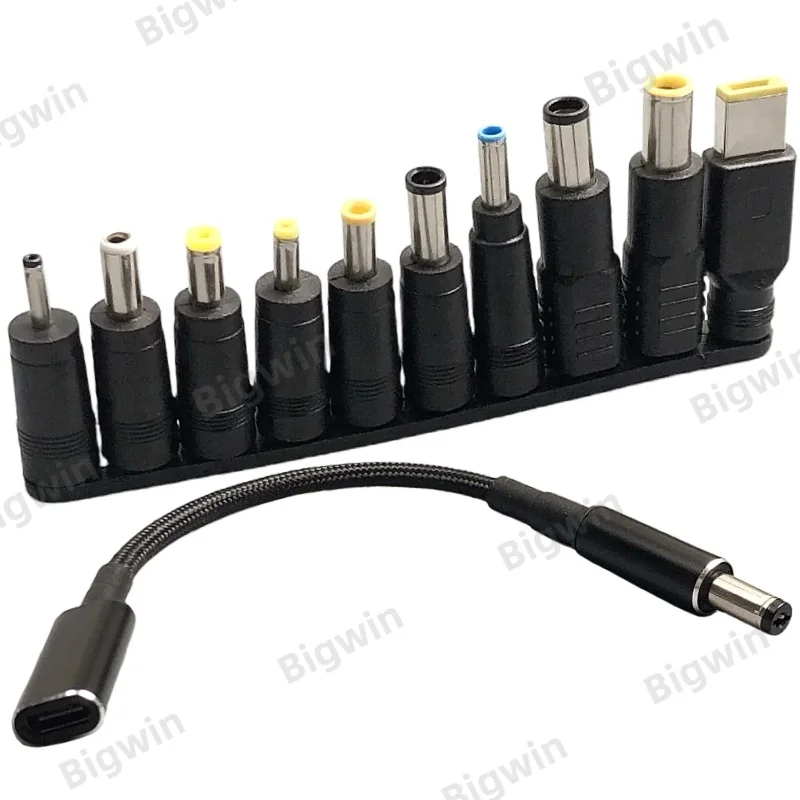 USB C Female to DC 5521 Power Cord + 10pcs DC Plug Tips Set PD Charging Cable Universal Laptop DC Adapter Connector for Lenovo