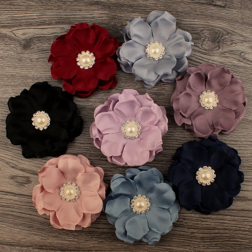 50pcs/lot 8cm 8colors Hair Clips Felt Flower+Pearl Button For Kids Girls Hair Accessories DIY Fabric Flowers For Headbands DIY